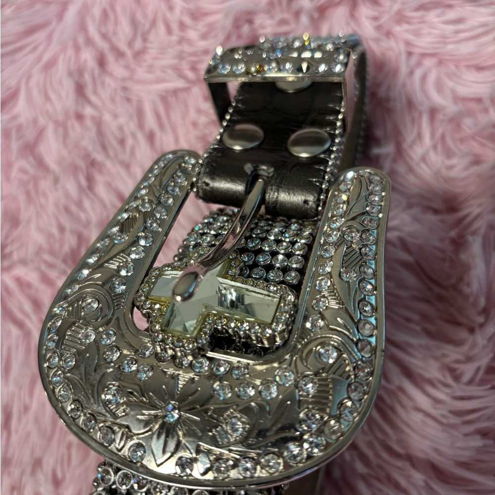 Nocona Silver Belt with Ornate Metalwork and Rhinestones - Picture 2 of 3